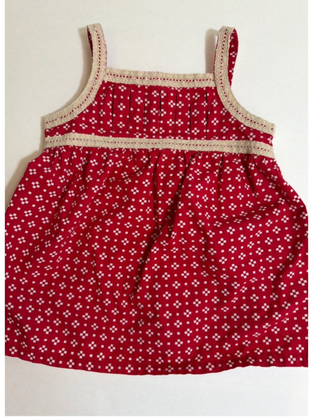 Girls Hanna Andersson Red White Patterned Tank Top Ecru Lace Trim Size 110 5